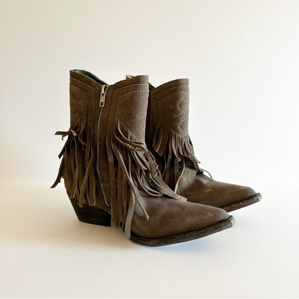 Free People Taupe Suede Leather Point Toe Lawless Fringe Western Boots
